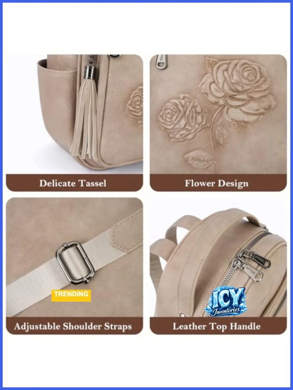 Women's Vegan Leather Mini Backpack Purse with Floral Design, Water-Resistant
